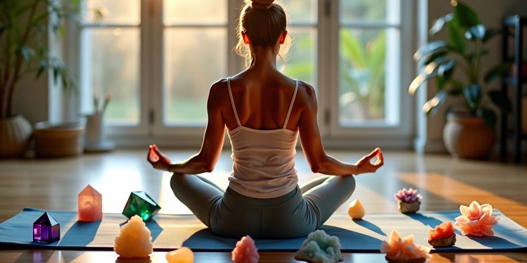 Persona che medita circondata da cristalli colorati