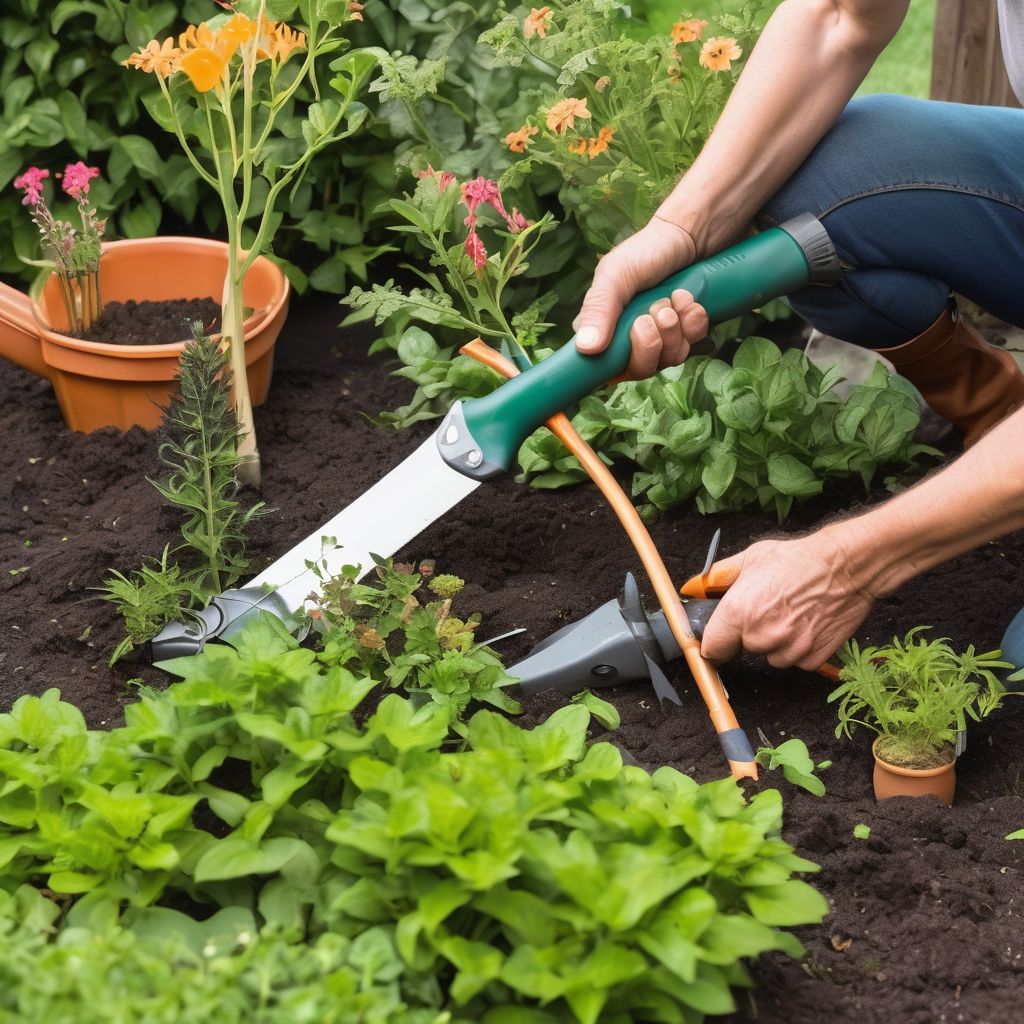 eco-friendly gardening tools in use, featuring pruning, digging, and weeding in a lush garden