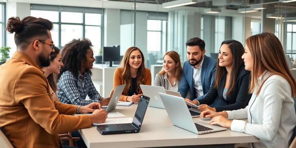 Diverse professionals collaborating in a modern office setting.