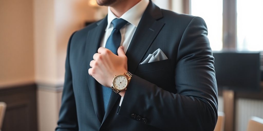 Мужчина в классическом костюме с аксессуарами.