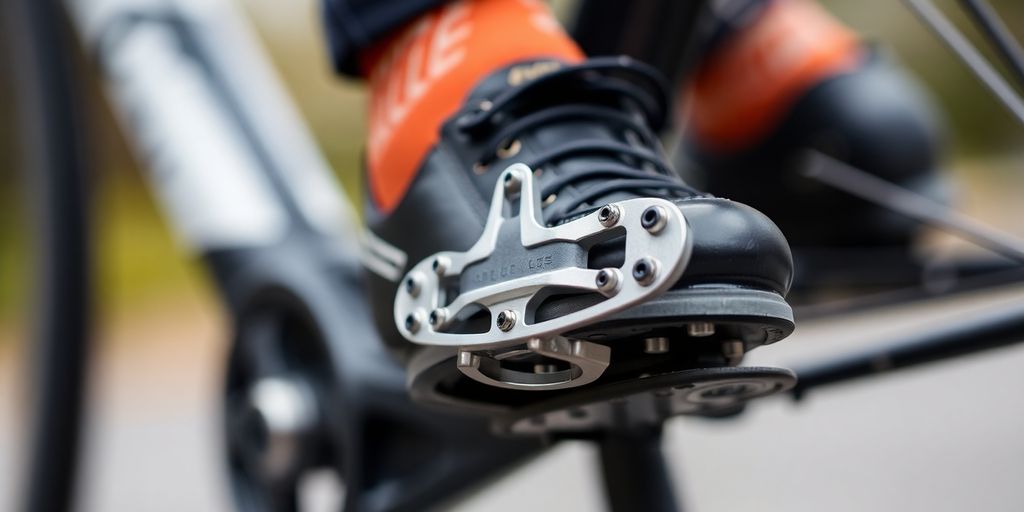 Close-up of cycling shoe cleat on pedal.