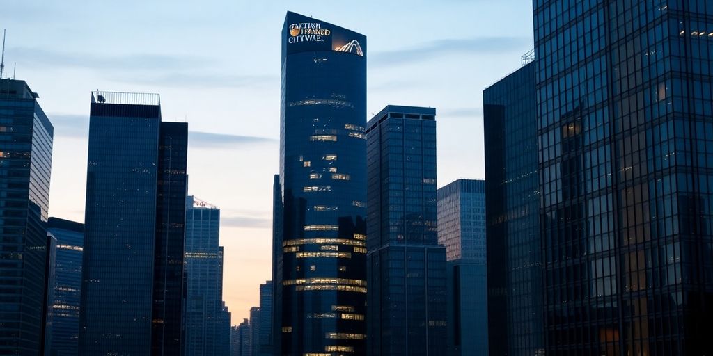 Modern city skyline with financial district buildings