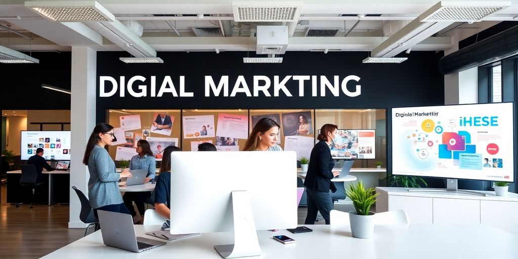 Profissionais de marketing digital em um escritório moderno.