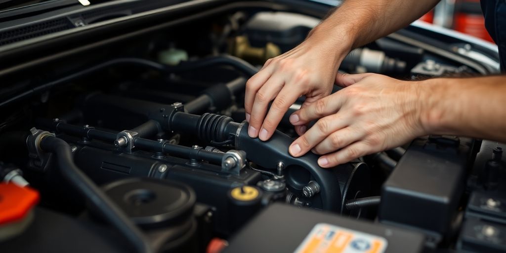 Mechanic inspecting a car's engine bay.