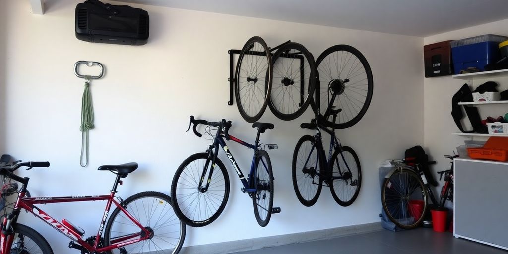 Bicycles neatly stored on a garage bike rack.