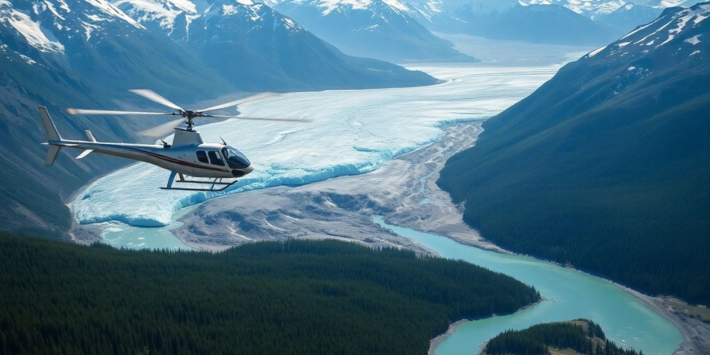 A helicopter flies over a vast Alaskan glacier and mountains.