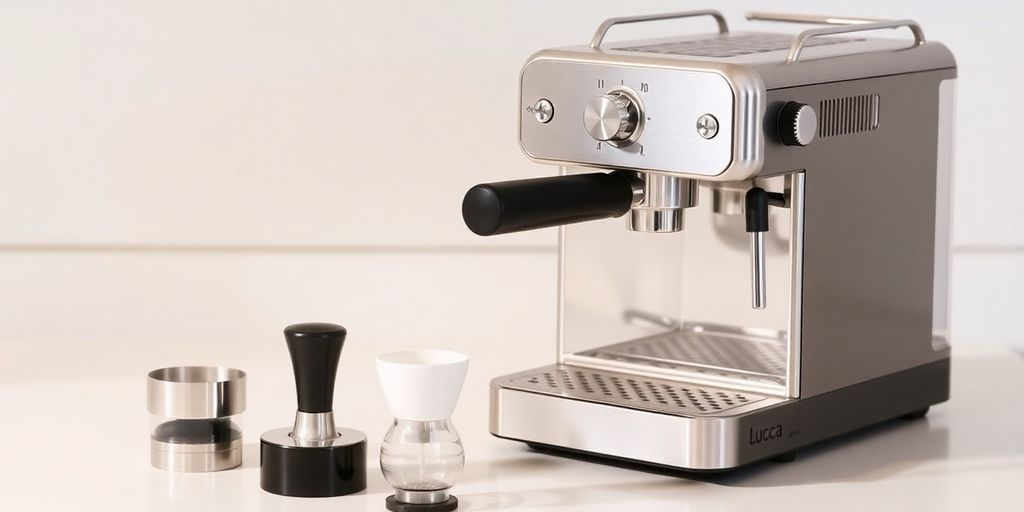Lucca A53 Mini espresso machine with accessories.