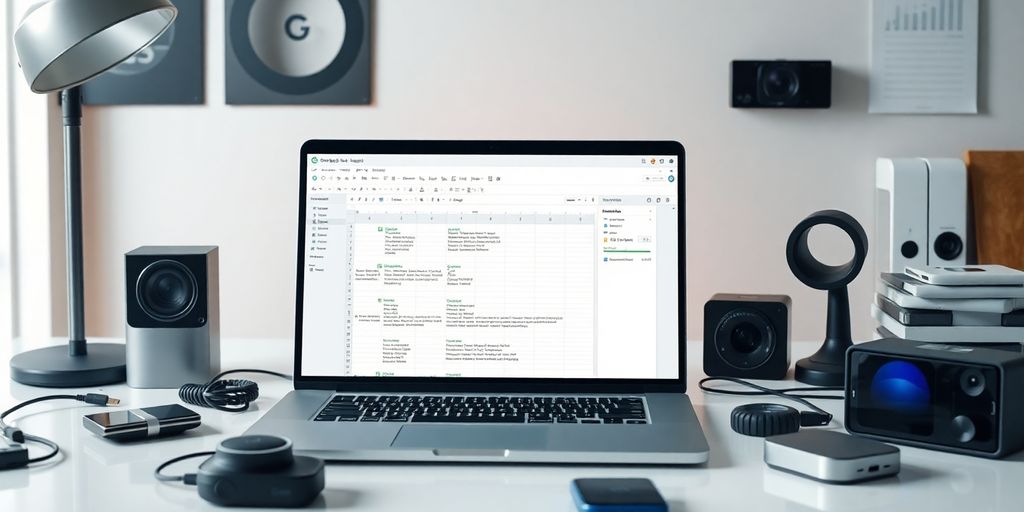 Modern workspace with laptop and Google Sheets interface.