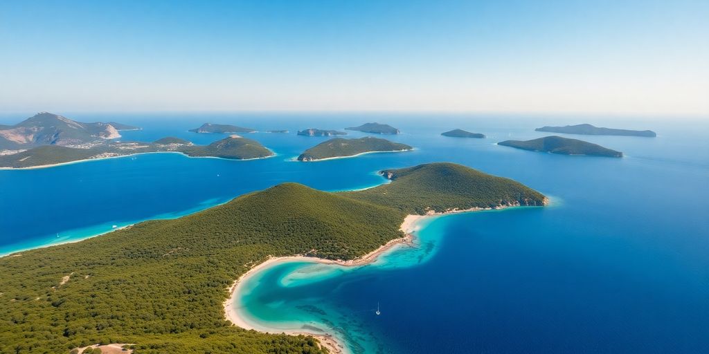 Vue aérienne des Îles Sporades avec mer turquoise.
