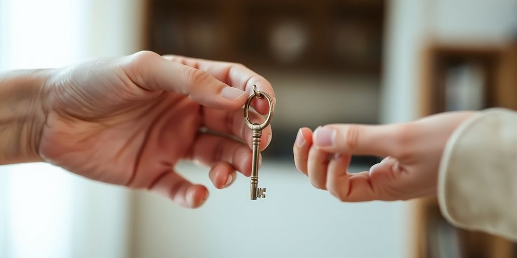 Mains échangeant une clé de boîte aux lettres.
