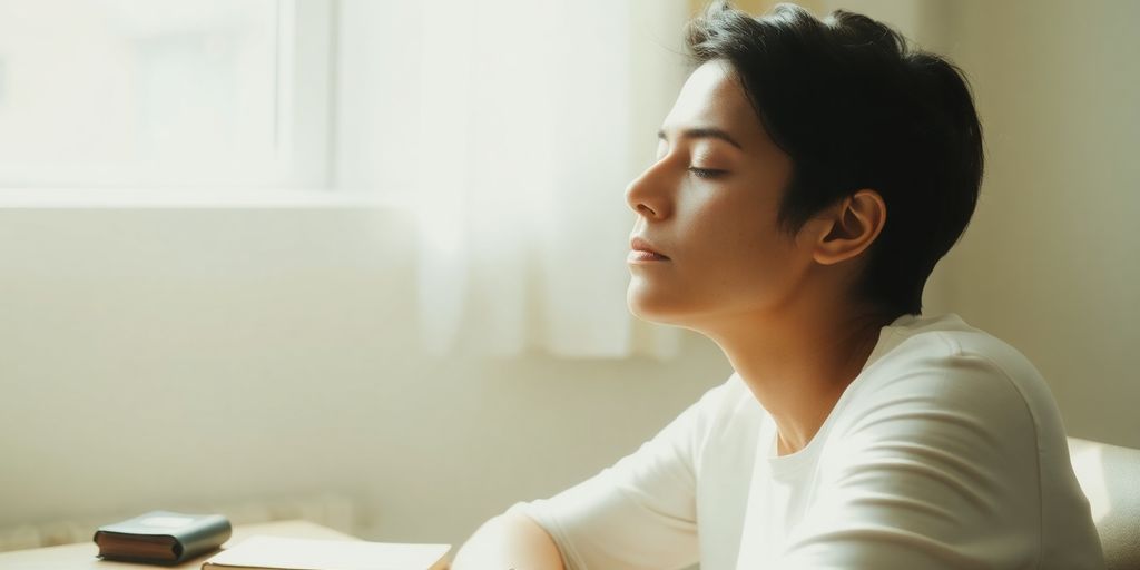 Person sitting alone, deeply introspective, recognizing patterns and triggers.