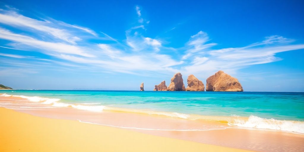 Azure waters, golden sand, and distant rock formations under sun.