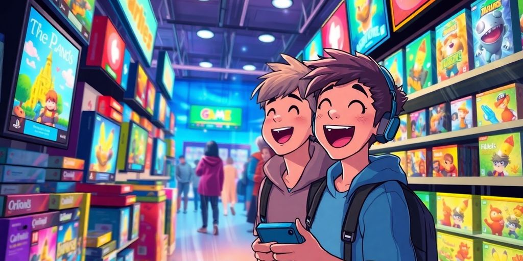 Joyful gamer discovers new worlds in a vibrant game store.