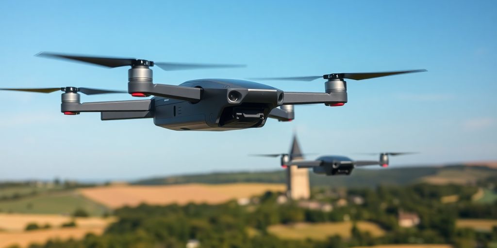 Drones survolant un paysage français verdoyant.