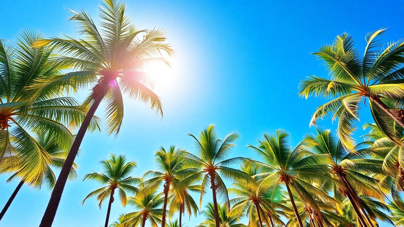 Colorful palm trees under a bright sky.