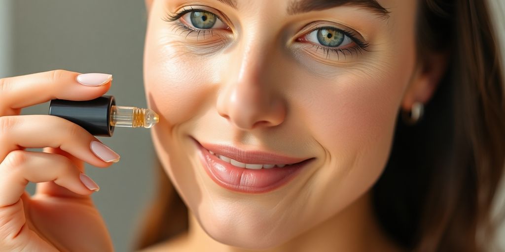 Woman with glowing skin applying herbal serum.