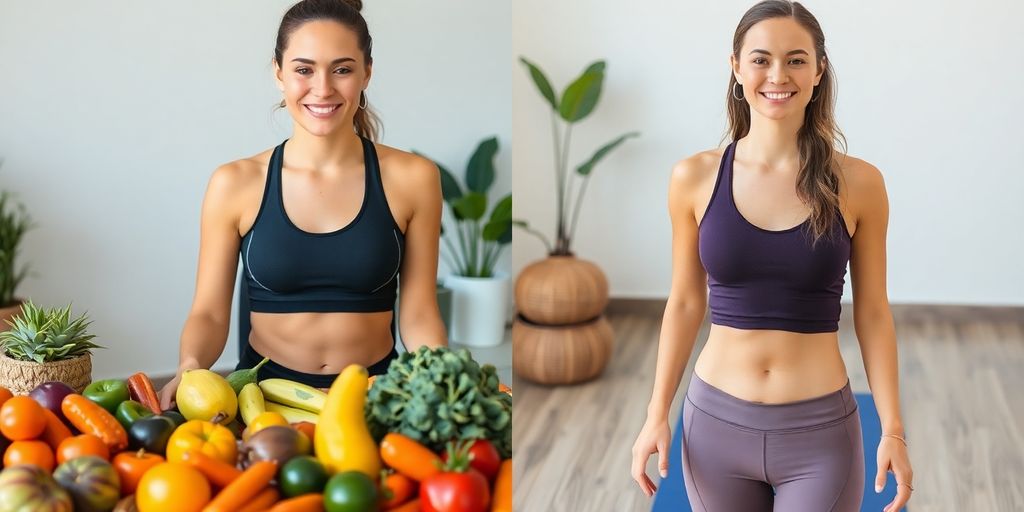Woman eating healthy food and practicing yoga.