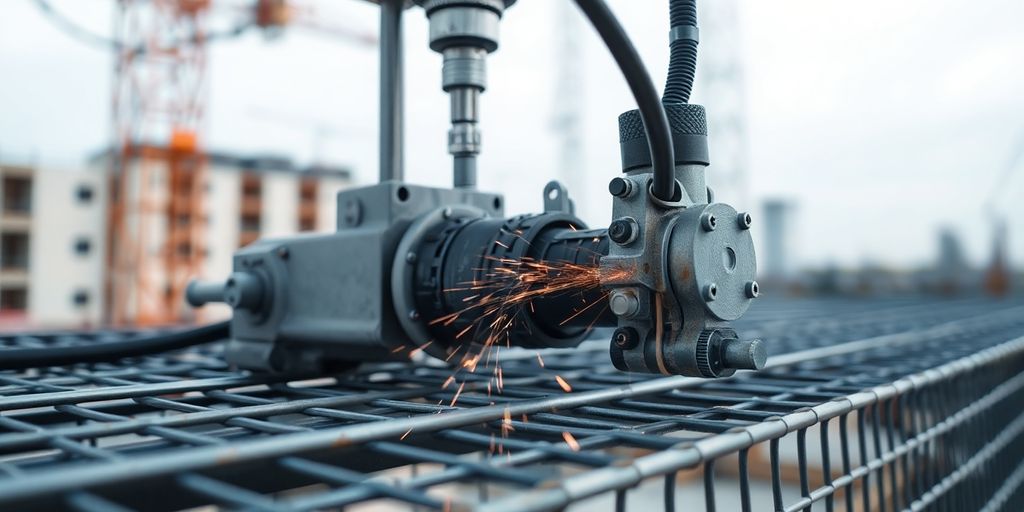 Modern construction mesh welding machine at work on site.