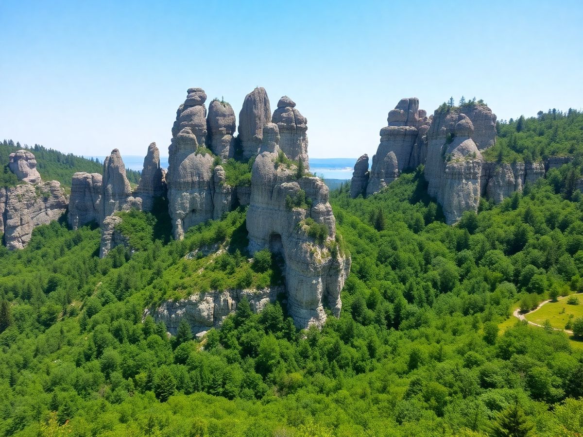 Peisaj spectaculos cu formațiuni stâncoase și vegetație luxuriantă.