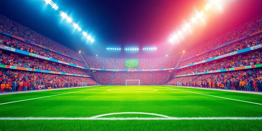 Soccer stadium filled with cheering fans, bright lights.