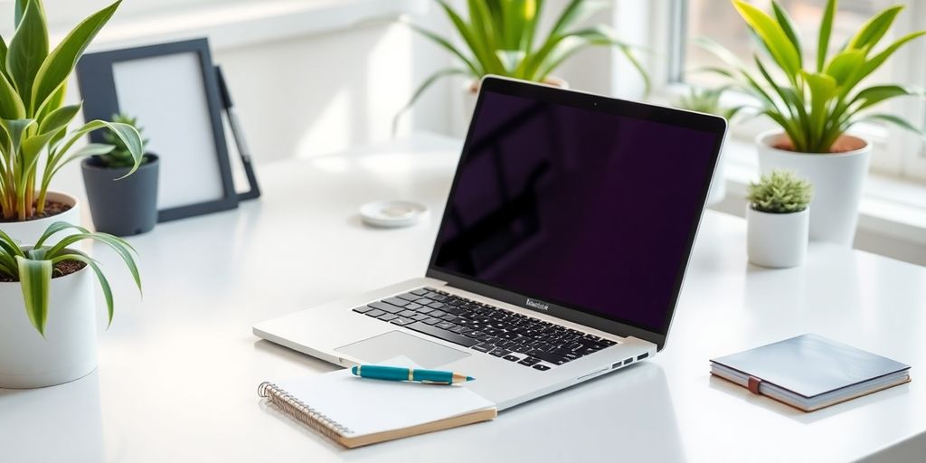 Modern workspace with laptop and notepad for writing.