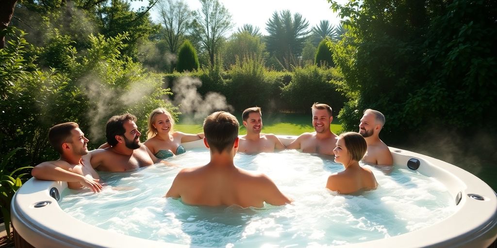 Eight people relaxing in large hot tub, backyard.