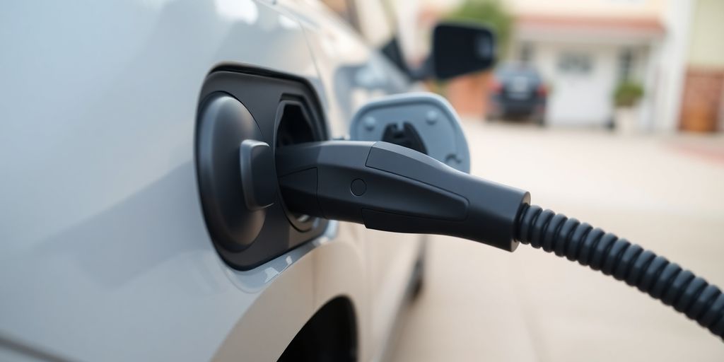 EV charging cable connected to car.