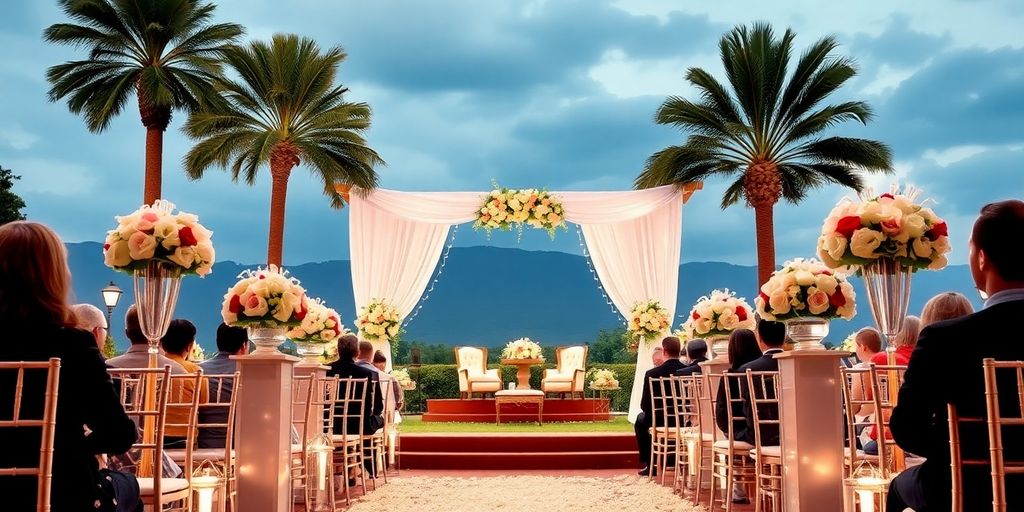 Elegant wedding venue with decorations and floral arrangements.