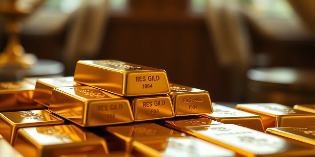 Lingots d'or empilés sur un fond luxueux.