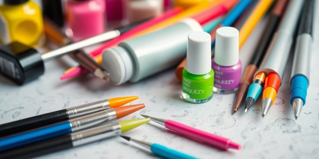 Materiais essenciais para Nail Art em uma imagem colorida.