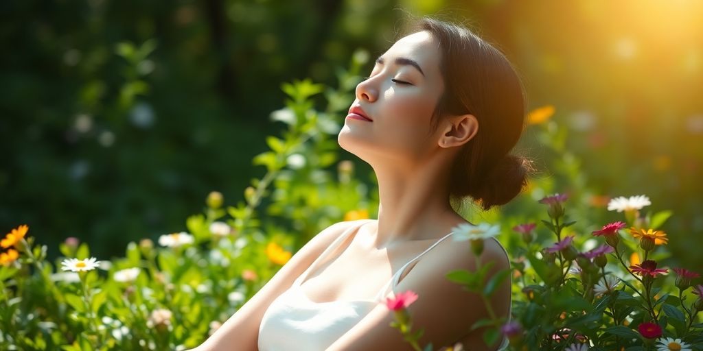 Person meditating peacefully in sunlit, vibrant natural setting.