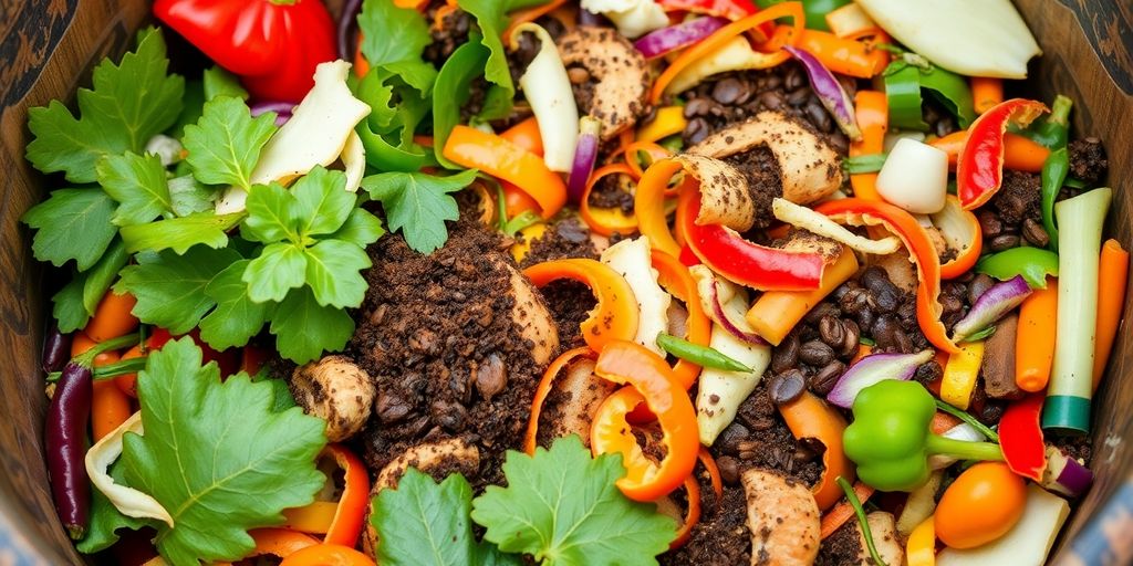 Compost bin filled with vibrant kitchen scraps.