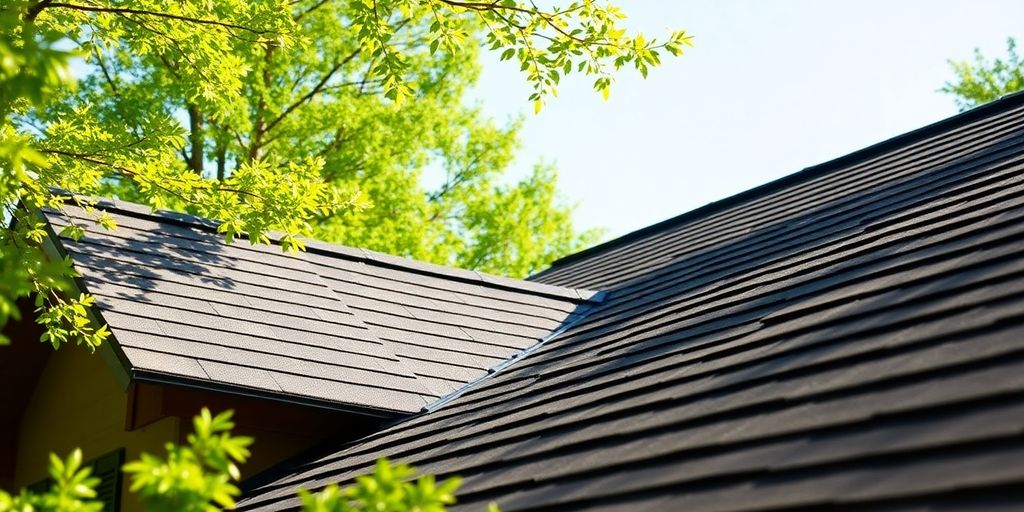 Photograph of a well-maintained residential roof with trees.