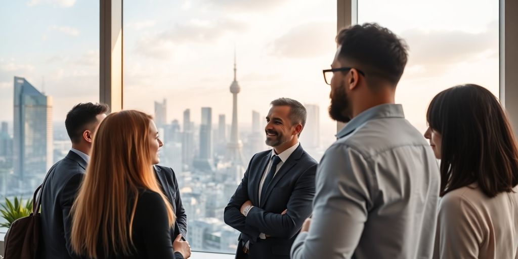 Diverse professionals in a modern office with global city views.