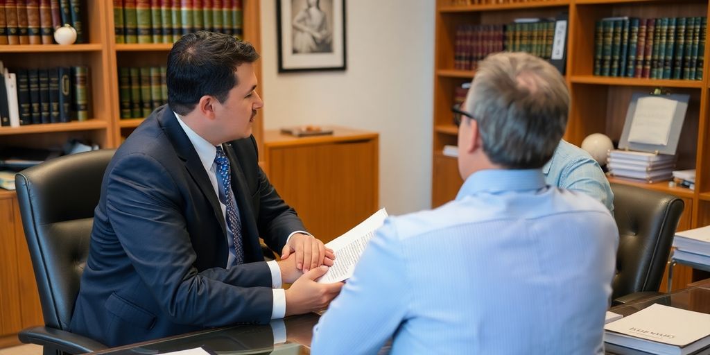 Lawyer and client discussing car accident case in office.