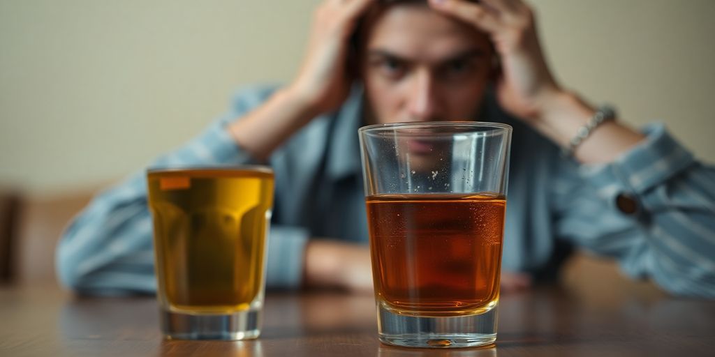 Glass of alcohol with anxious person in background.