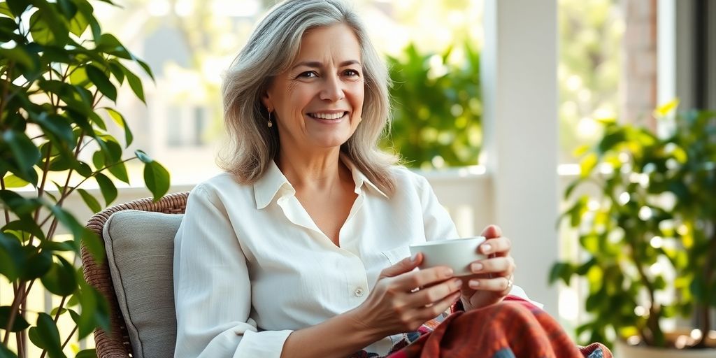 Mature woman relaxing outdoors with warm tea, colorful shawl, smiling.