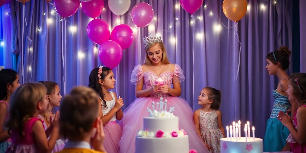 Princess entertaining children at a magical party celebration.