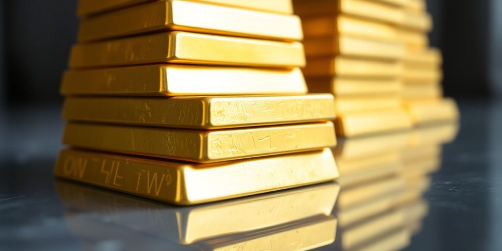 Des barres d'or brillantes sur une surface réfléchissante.