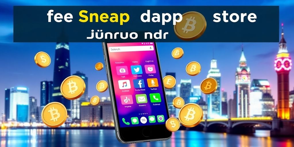 Mobile phone with colorful app store and currency icons.