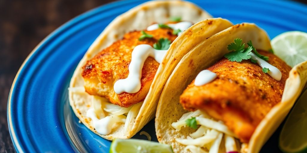 Two golden-brown fish tacos on a vibrant blue plate.