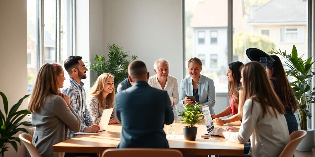 A diverse team of people working in a sunny office.