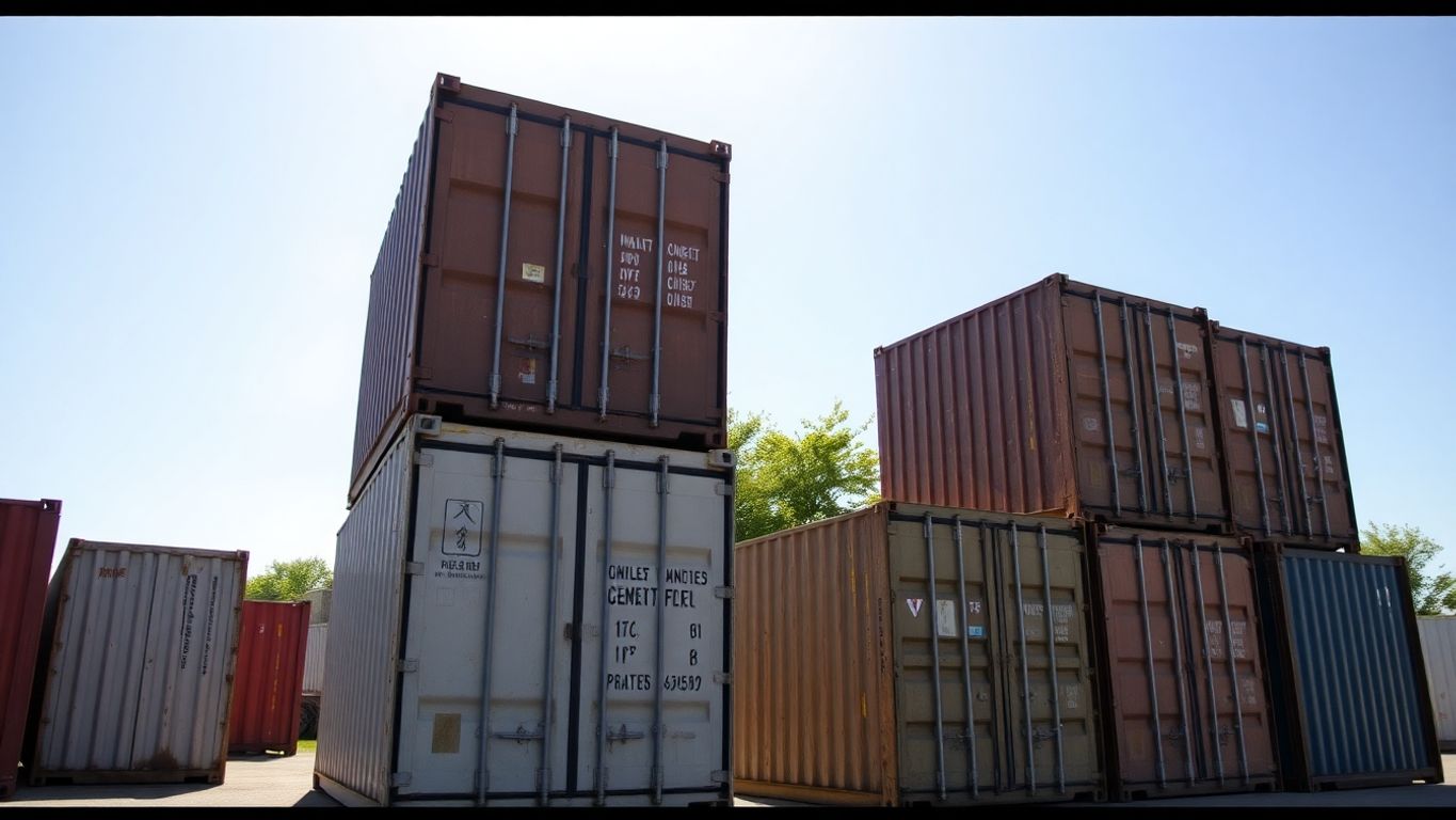 Durable shipping containers stacked in a sunny yard.