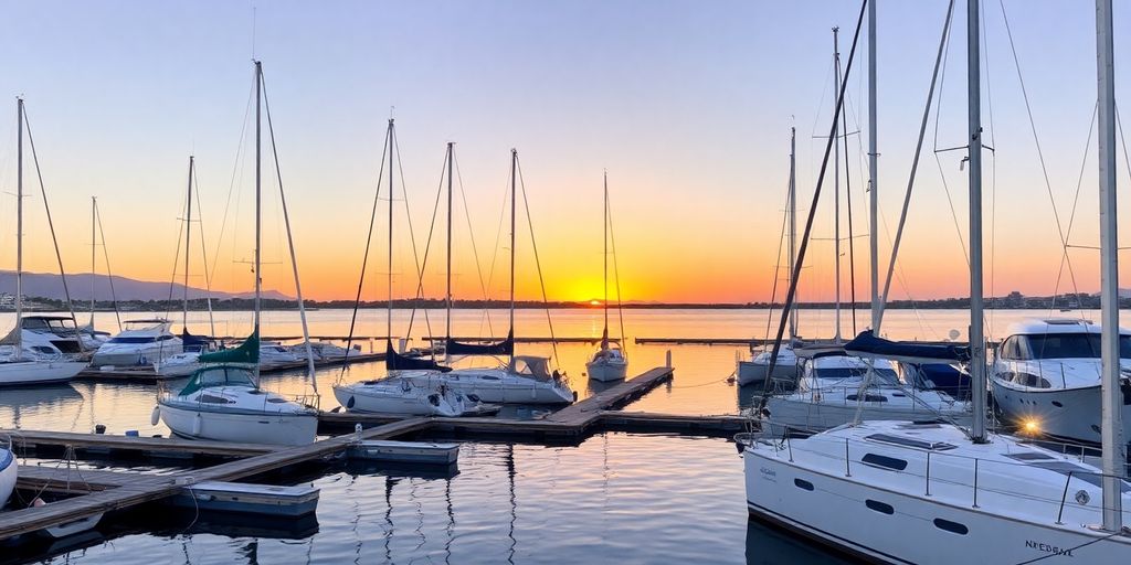 Boats moored peacefully in a marina.