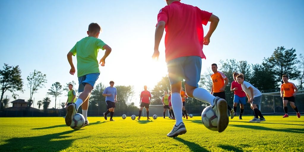 Soccer players practicing skills on a sunny field.
