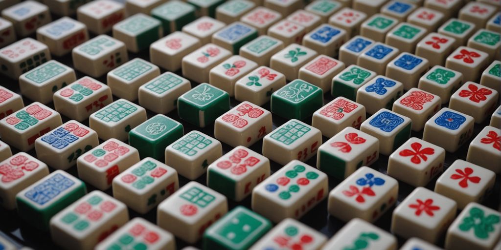 Close-up of Mahjong tiles with intricate designs and symbols.