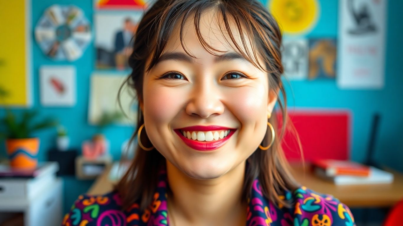 Joy Cho smiling, colorful attire, creative workspace background