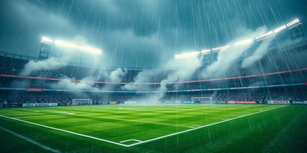 Sports field under stormy weather conditions.