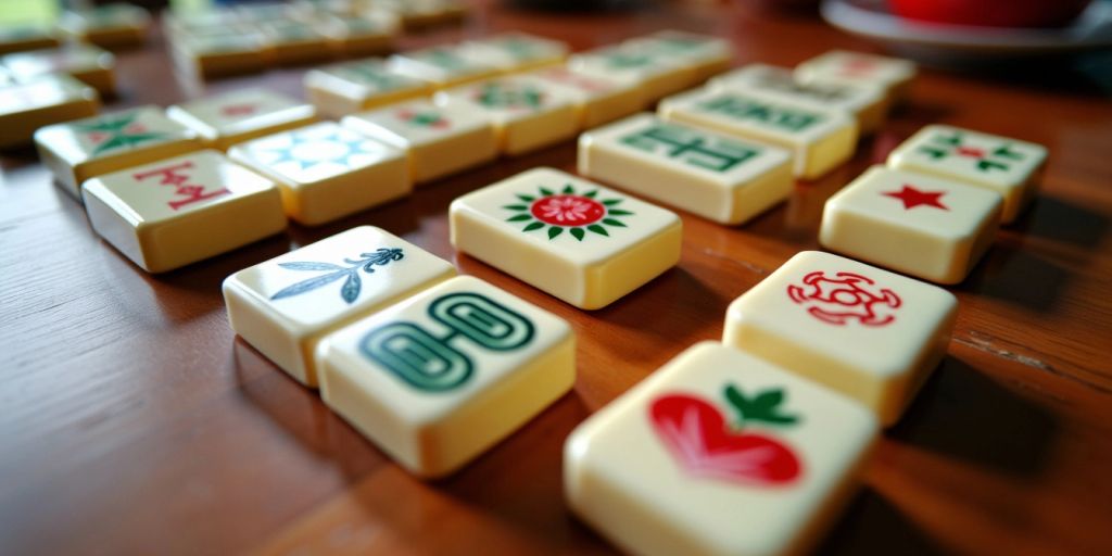 Mahjong game with 13 tiles on a wooden table.