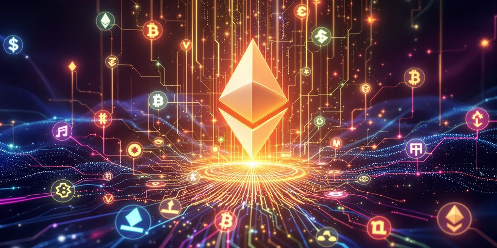 Ethereum logo with altcoin symbols flowing around it.
